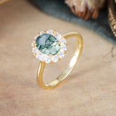 1.5 Carat Classic Halo Natural Moss Agate Ring Oval Shaped Engagement Ring